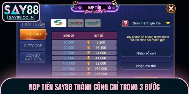 Nạp tiền Say88 thành công chỉ trong 3 bước